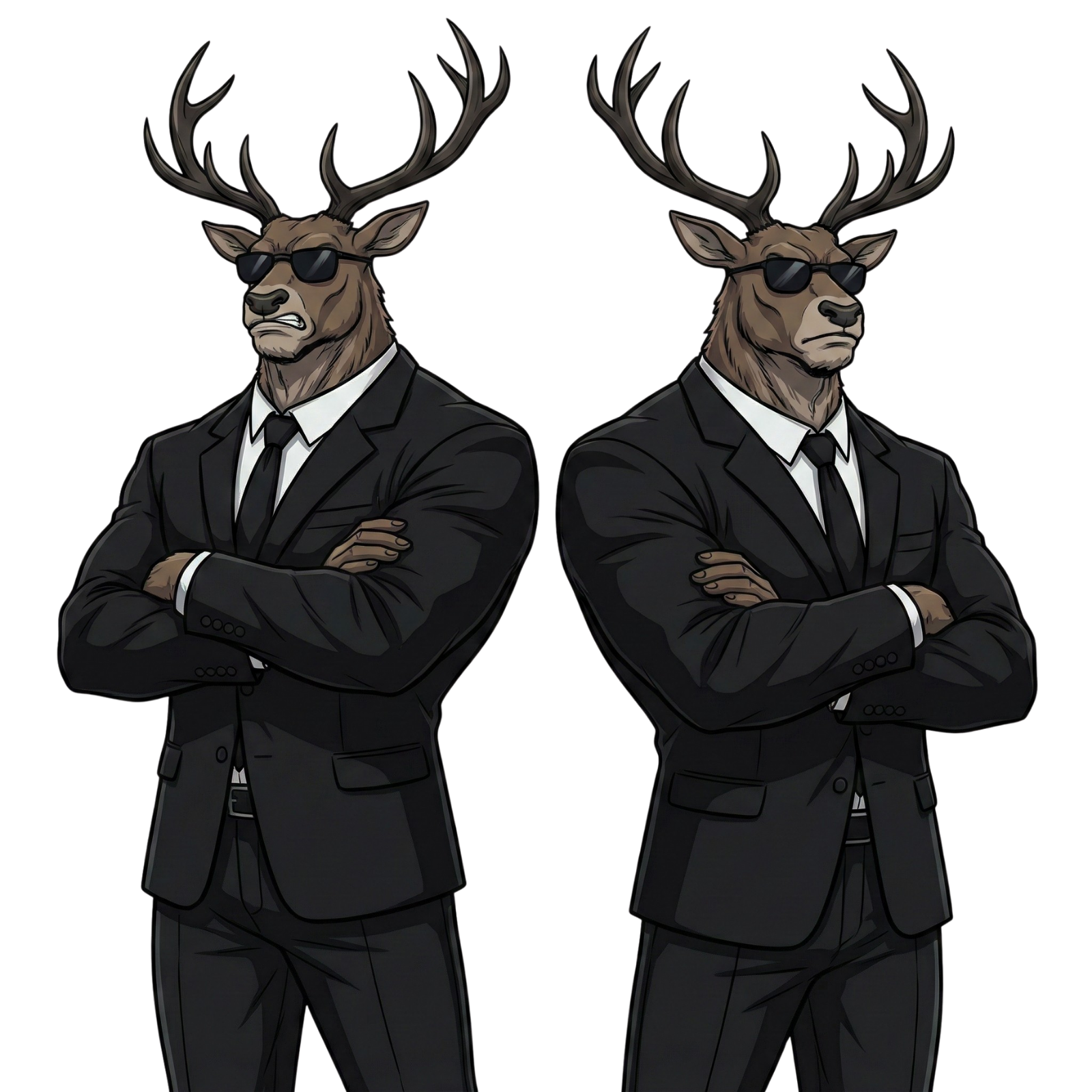 Two reindeer bodyguards in black suits